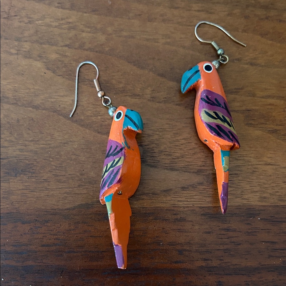 Hand-Painted Orange Parrot Drop Earrings - Unbranded